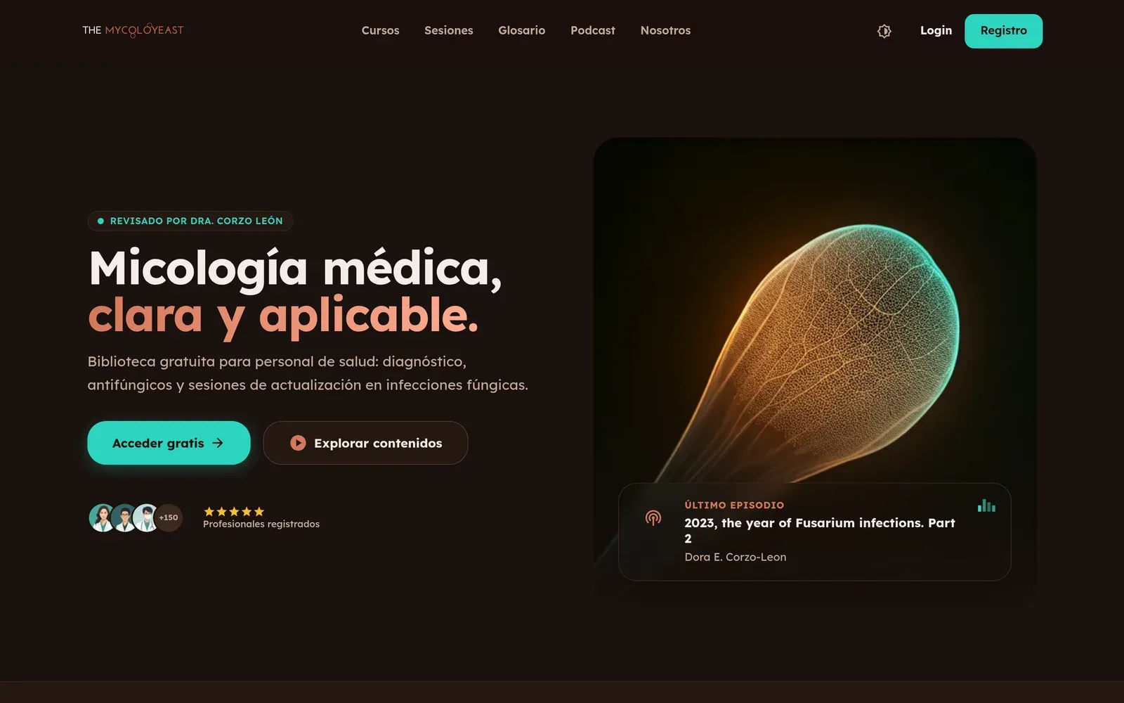 The Mycoloyeast homepage: the Spanish headline "Micología médica, clara y aplicable" in coral and white on a dark background, beside a glowing microscopy illustration.