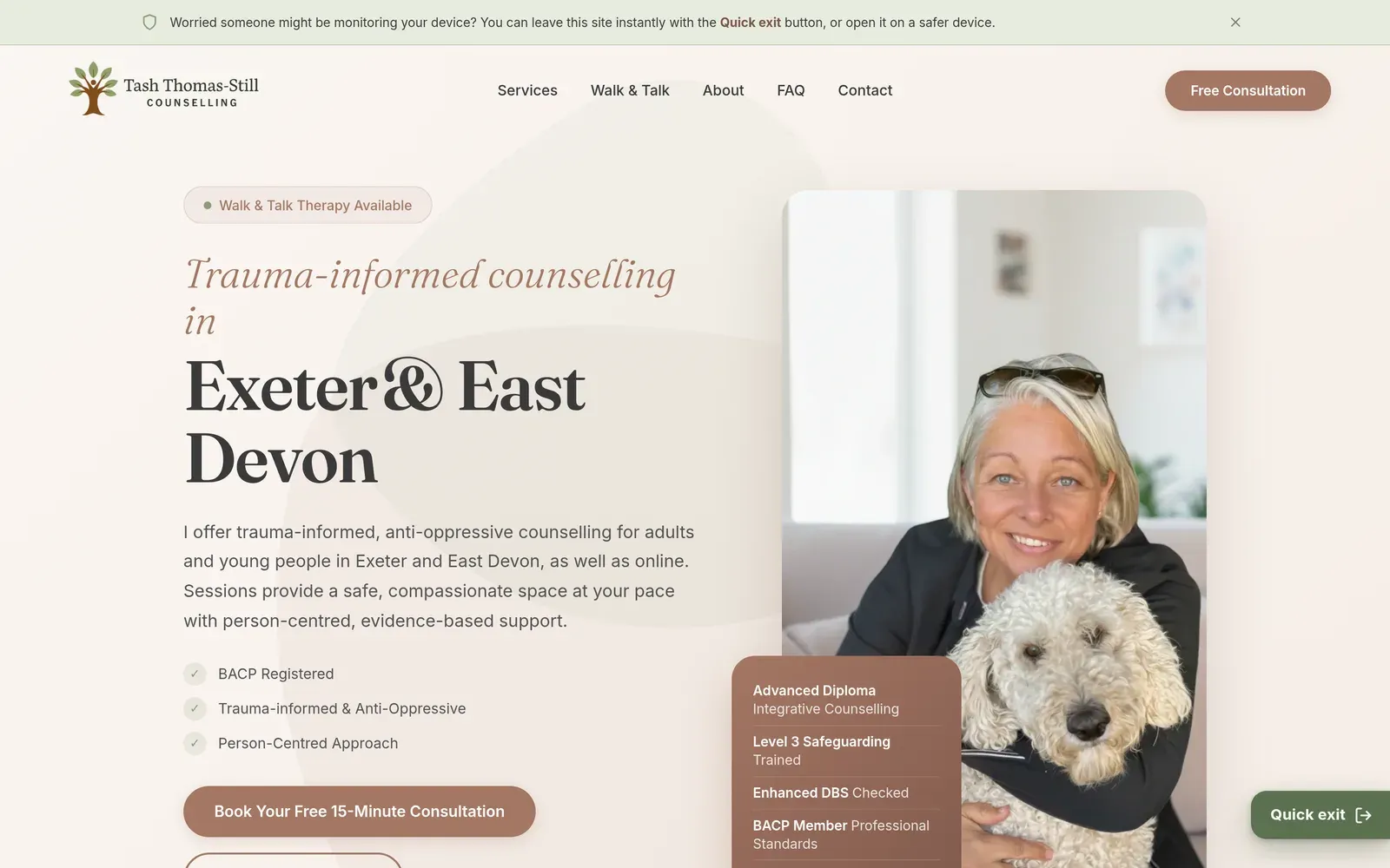 The Tash Thomas-Still Counselling homepage: the headline "Trauma-informed counselling in Exeter & East Devon" beside a portrait of the therapist.