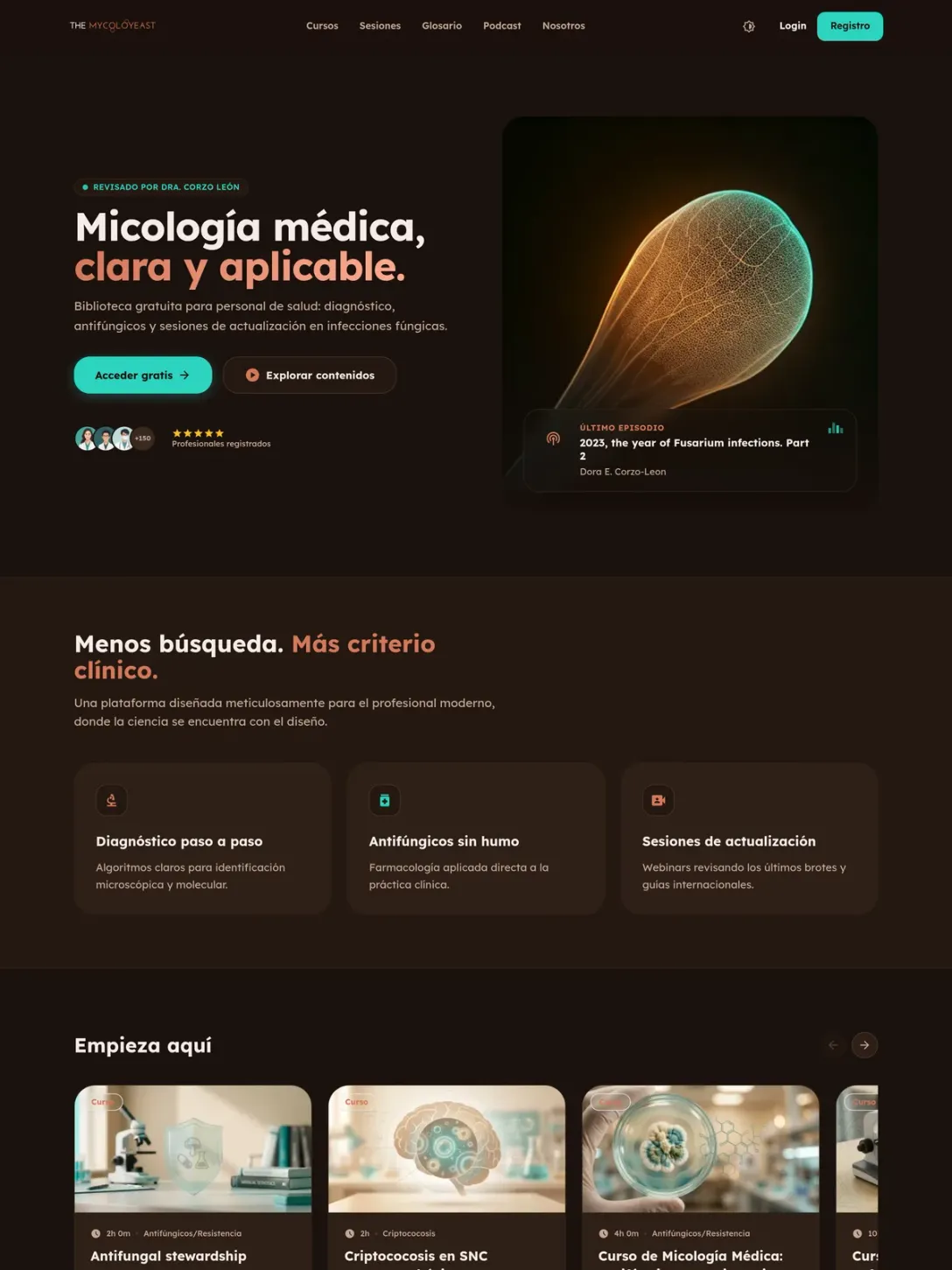 The Mycoloyeast homepage hero: the Spanish headline in coral and white over a dark background with a glowing microscopy image.