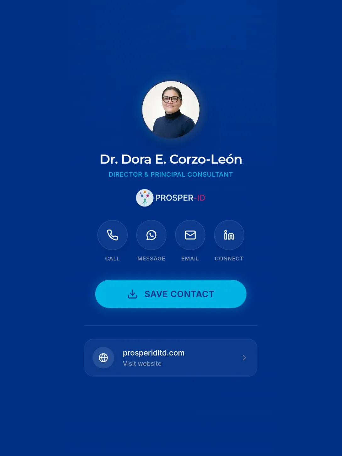 The PROSPER-ID digital contact card on a phone: a portrait, the name Dr Dora E. Corzo-León, contact icons and a Save contact button on a deep blue background.