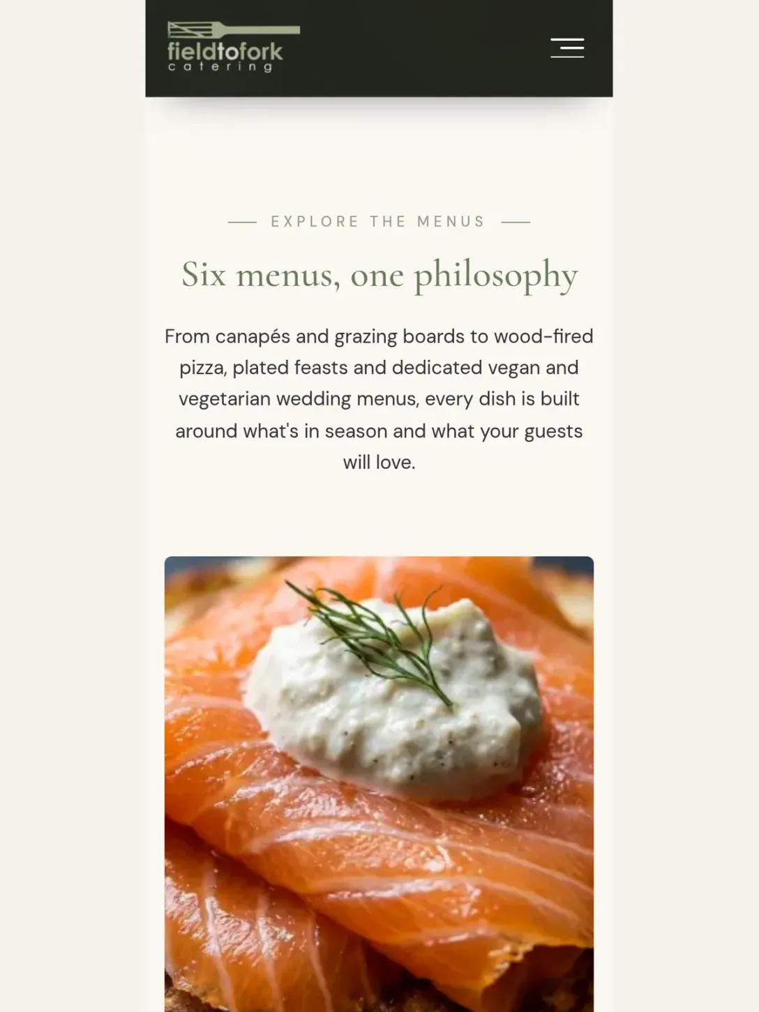 The Field to Fork menus section on a phone, showing menu cards stacked in a single column.