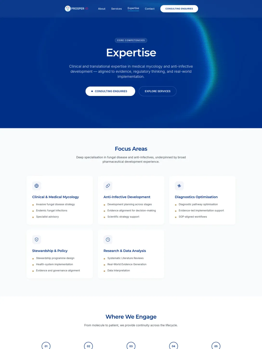 The PROSPER-ID expertise page: the heading "Expertise" over a dark background with the focus areas below.