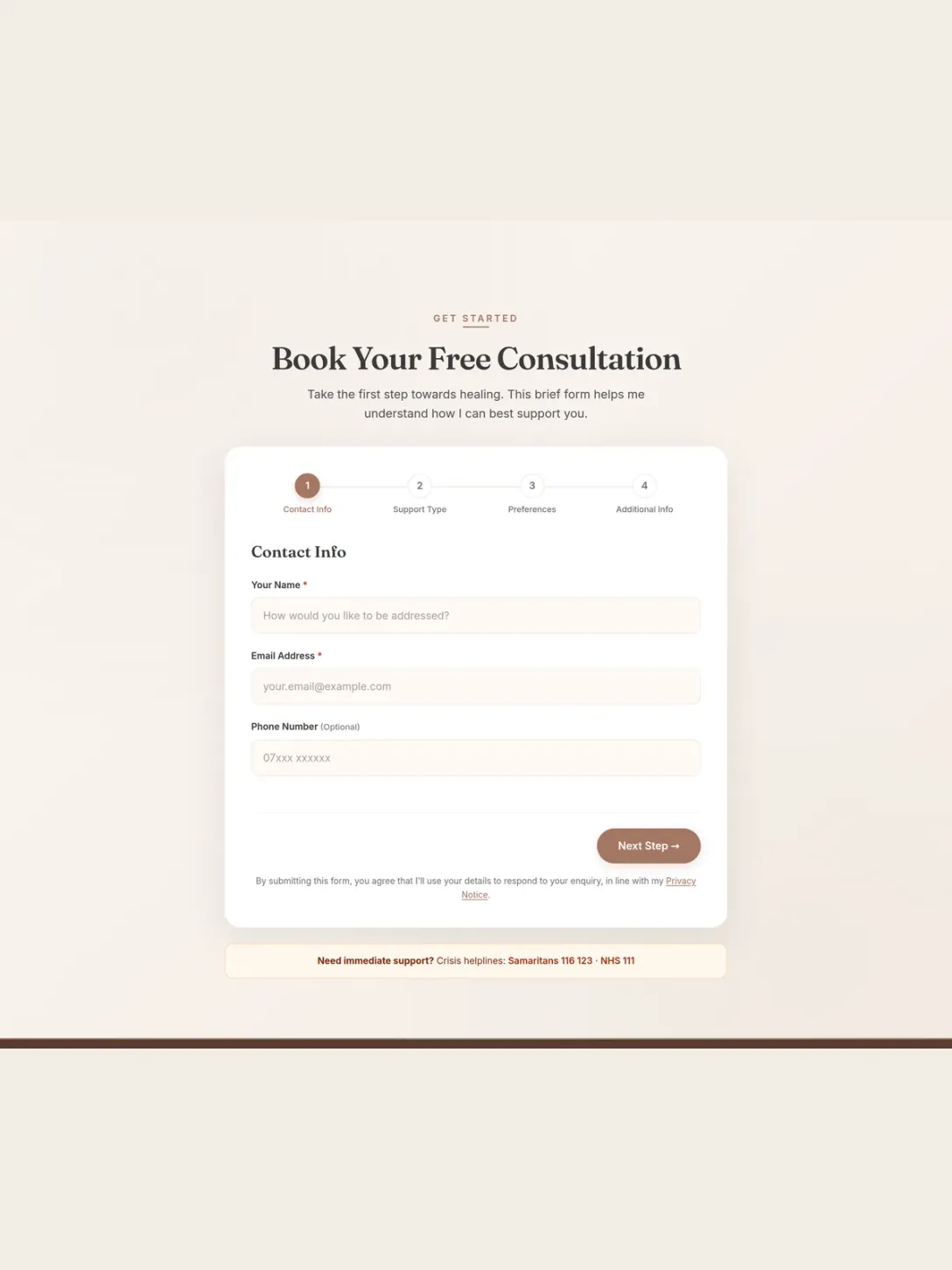 The Book Your Free Consultation page: a four-step form showing the Contact Info step with name, email and phone fields.