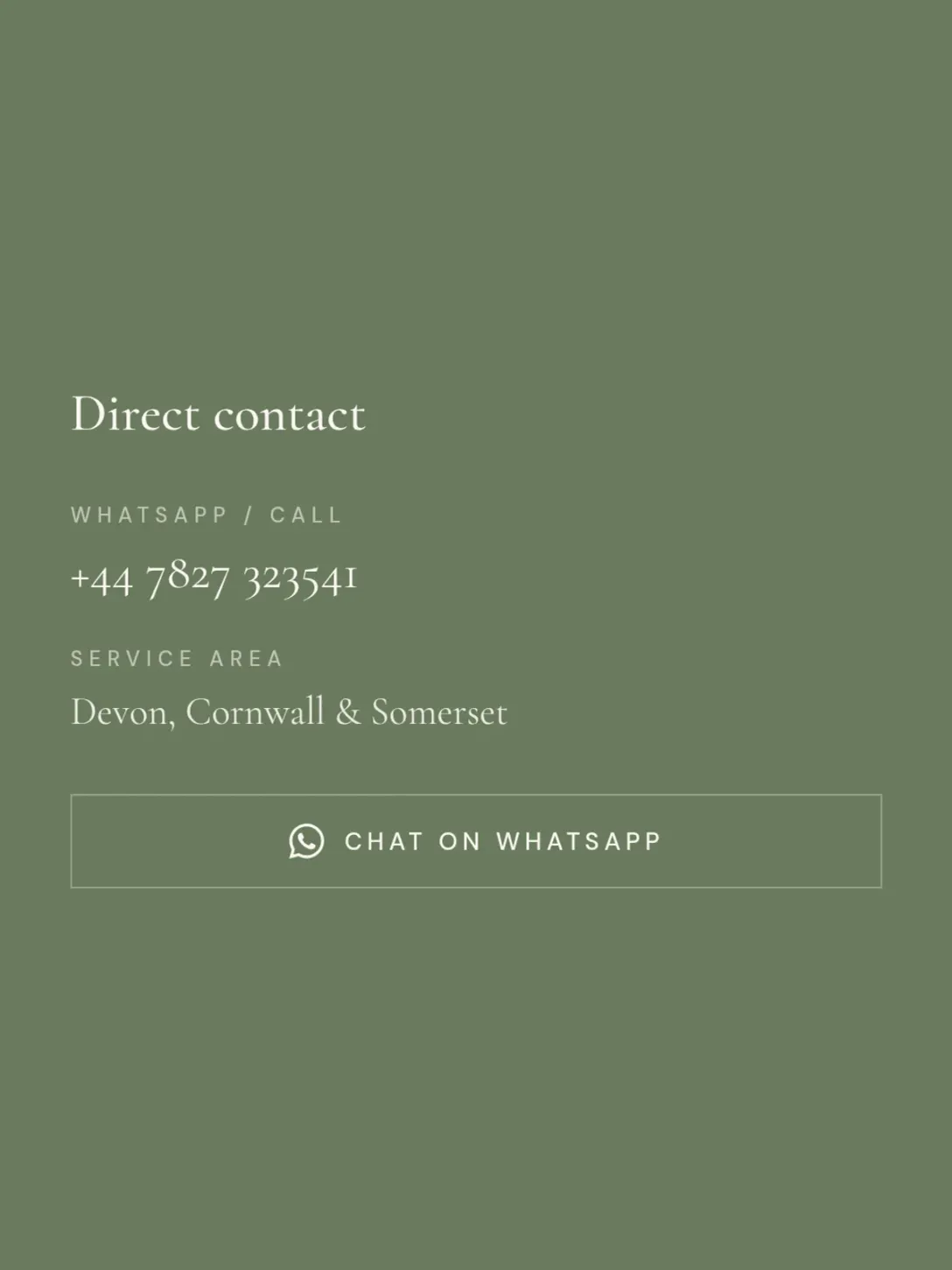 The Field to Fork direct contact card: a phone number, the service area, and a Chat on WhatsApp button on a green background.