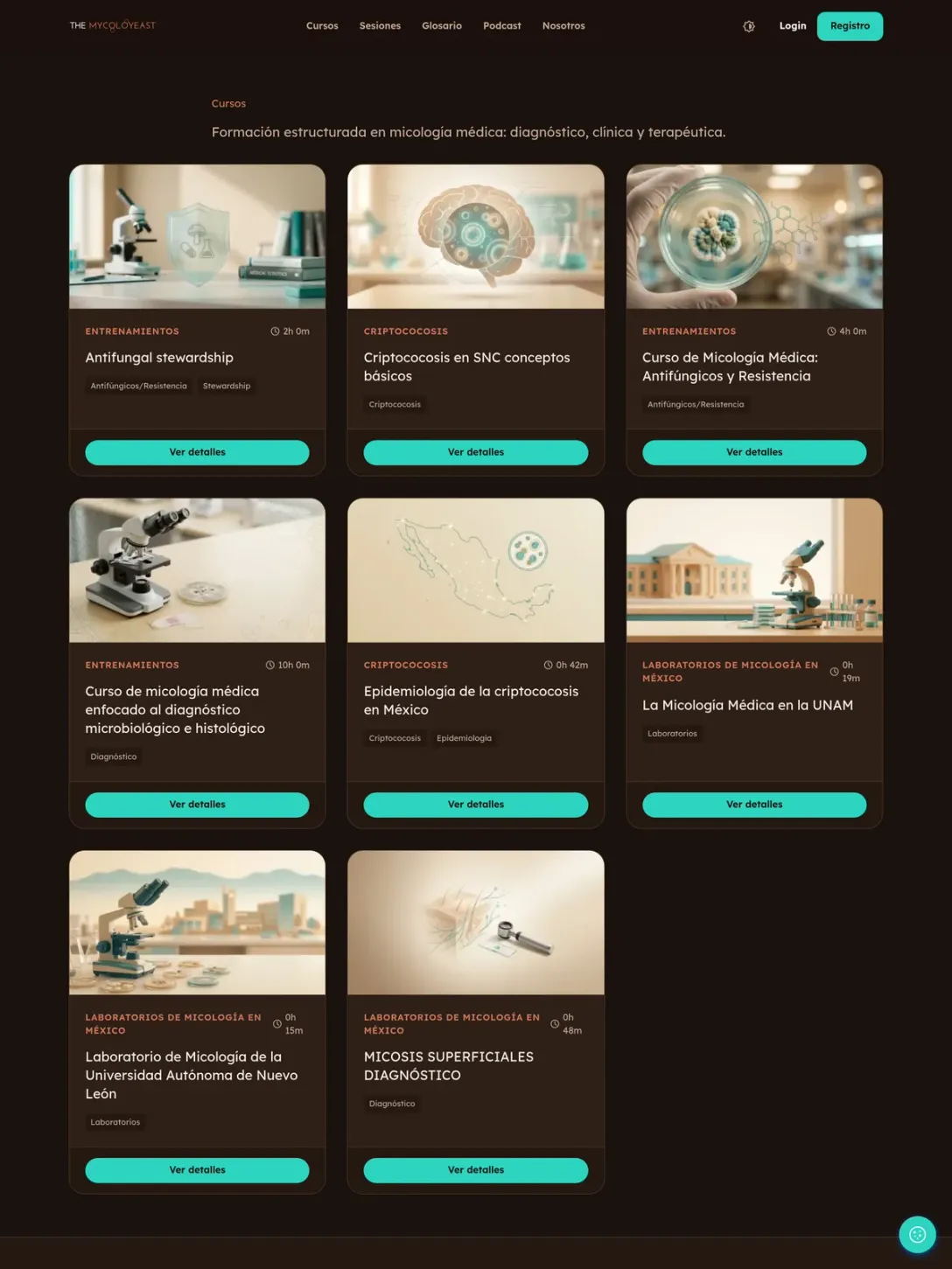 The Mycoloyeast course catalogue: a grid of dark cards with laboratory imagery, categories and Ver detalles buttons.