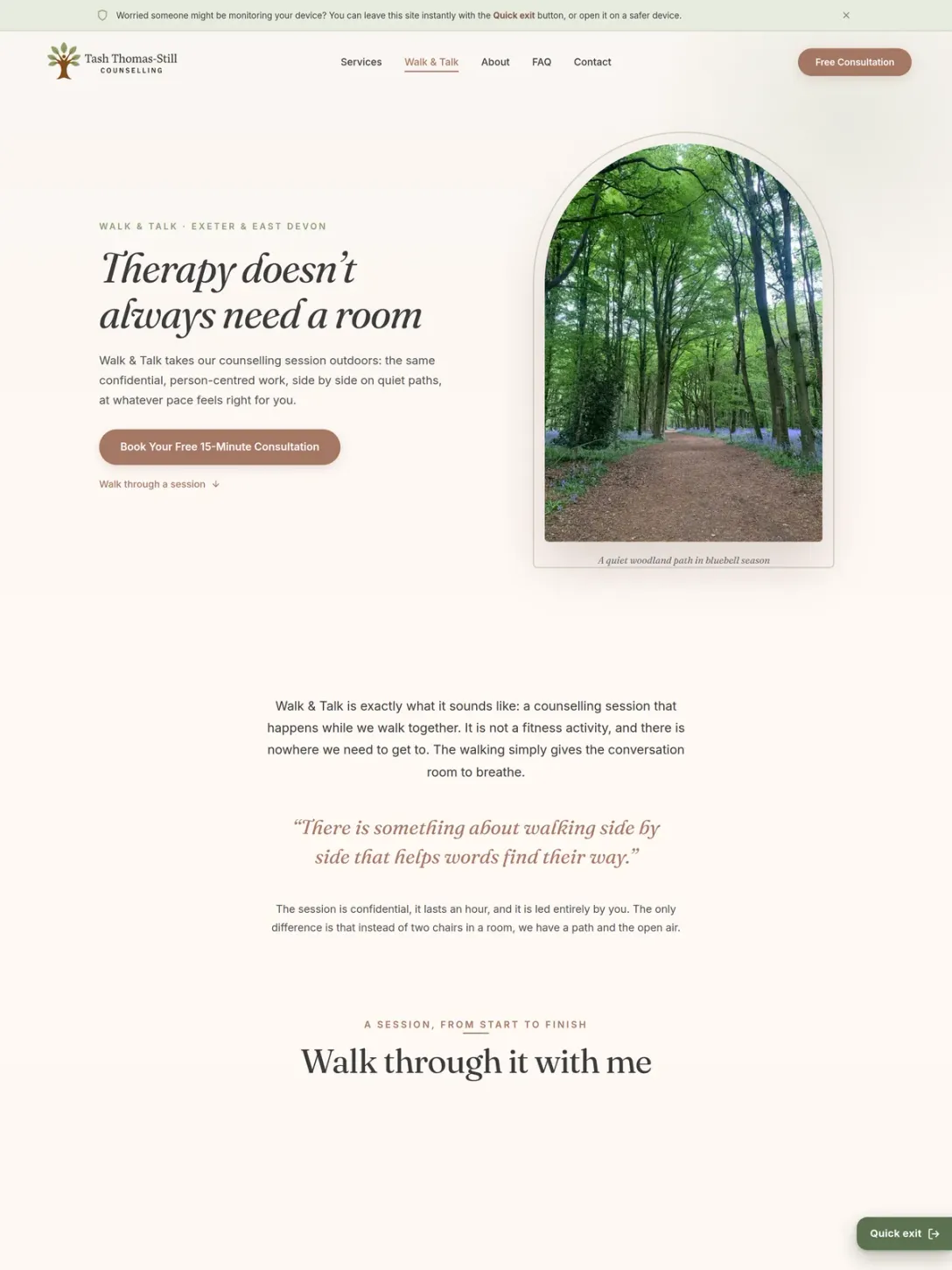 The Walk & Talk page: the heading "Therapy doesn't always need a room" over a woodland photograph.