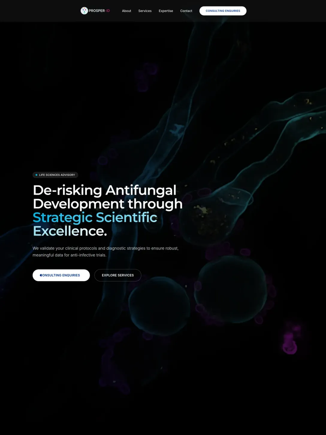 The PROSPER-ID homepage hero: white and cyan type over a dark microscopy photograph.