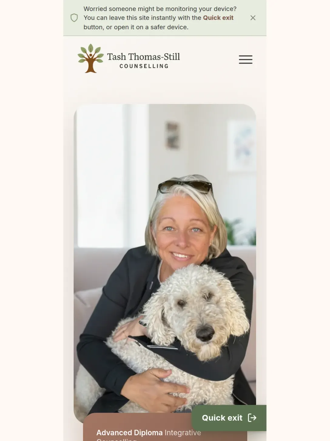 The Tash Thomas-Still Counselling homepage on a phone, with the safety notice bar across the top and the Quick exit button at the bottom right.