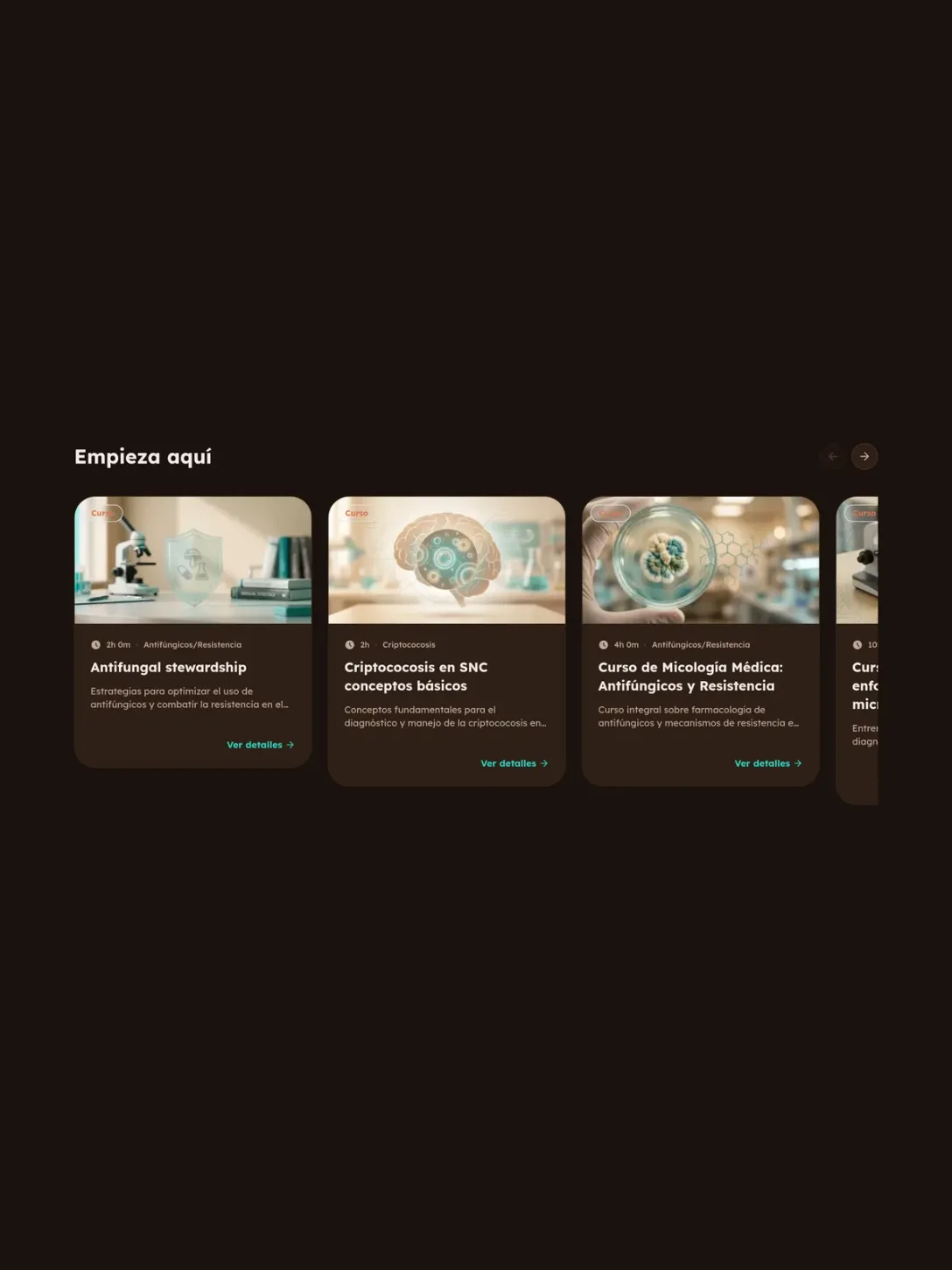 The "Empieza aquí" carousel on the homepage: dark course cards with laboratory artwork, running times and topic tags.
