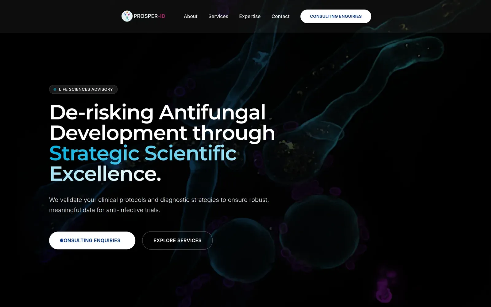 The PROSPER-ID homepage: the headline "De-risking Antifungal Development through Strategic Scientific Excellence" over a dark microscopy image.