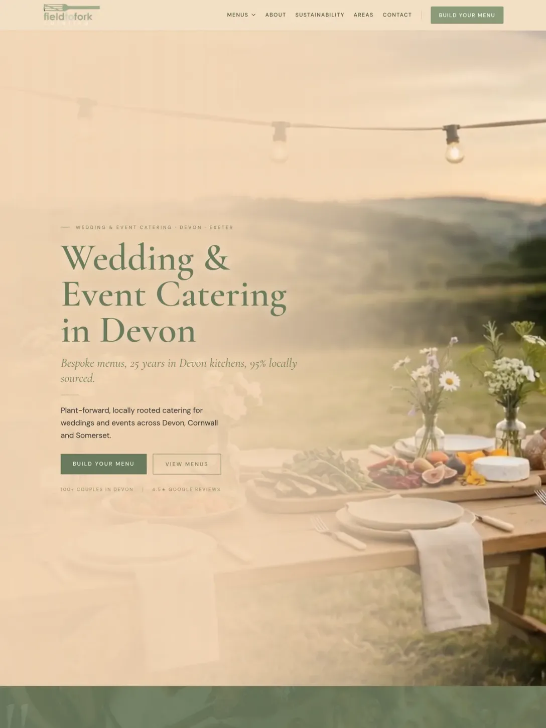 The Field to Fork homepage hero, showing the headline over a photograph of a table laid in a field.