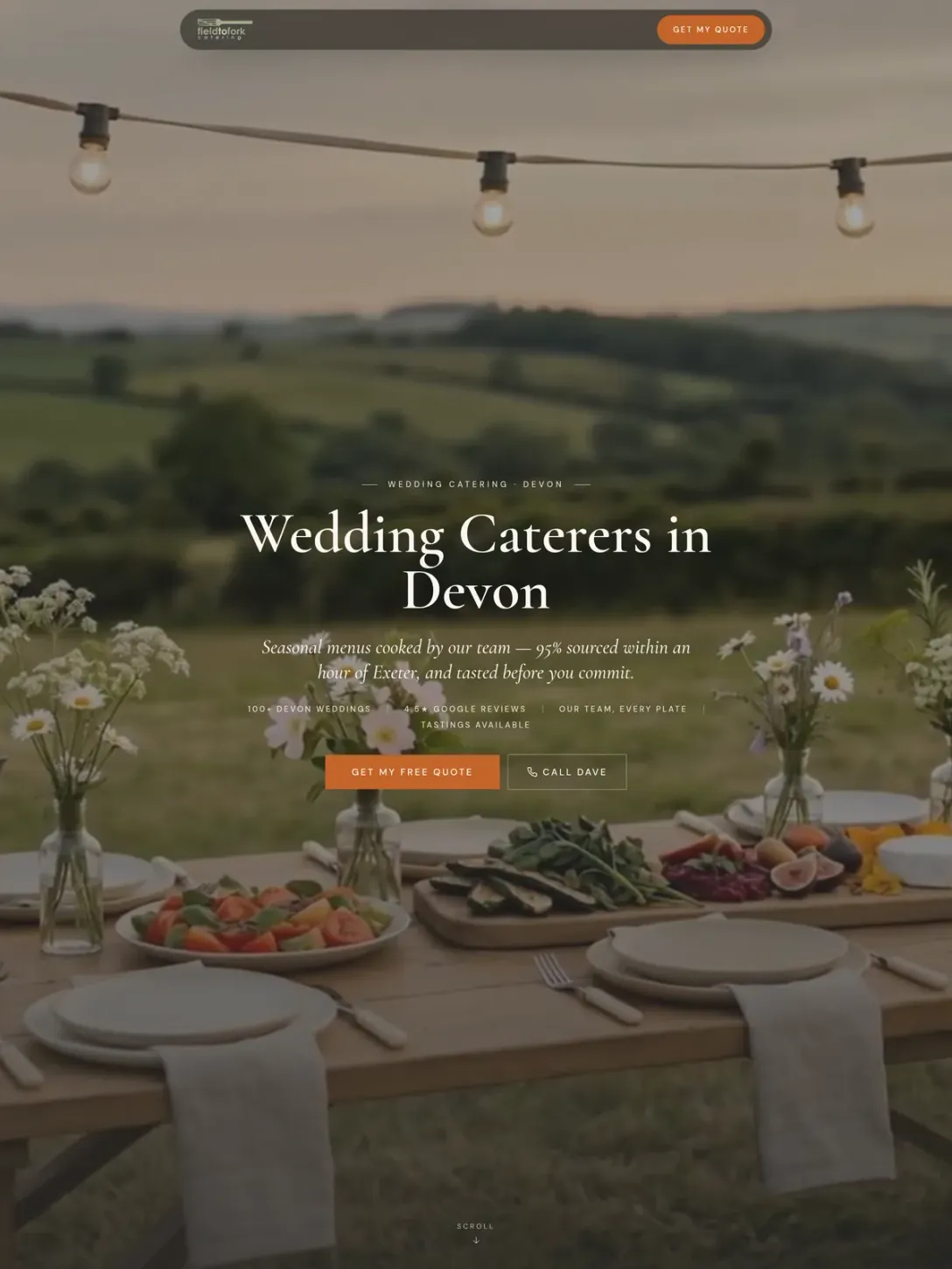 The Field to Fork wedding catering landing page: the headline "Wedding Caterers in Devon" over a laid table, with a quote button.