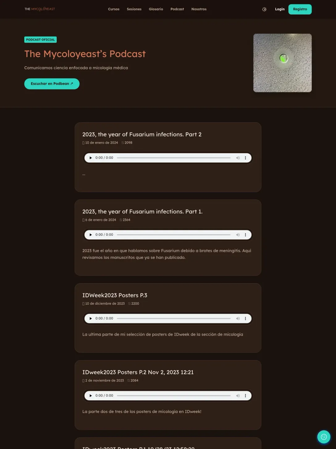 The Mycoloyeast podcast page: a list of episodes with titles, dates and play controls on a dark background.