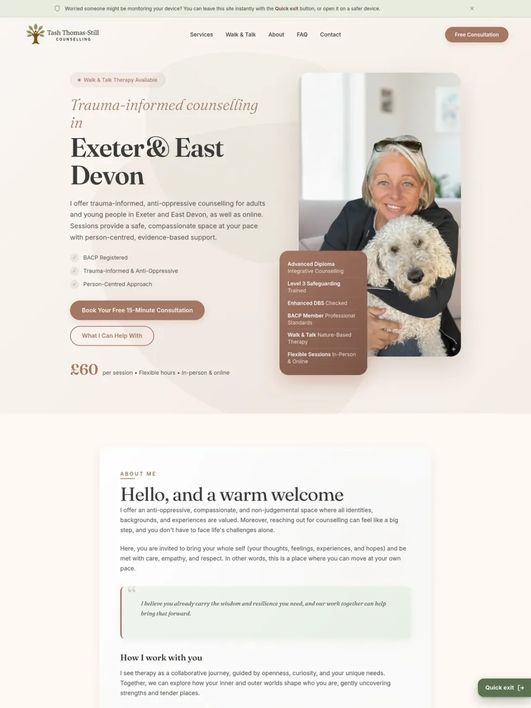 The Tash Thomas-Still Counselling homepage: the headline over a portrait of the therapist, with the About section below.
