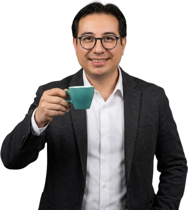 Cisco Ramos, founder of RamX Digital, raising an espresso cup in Exeter